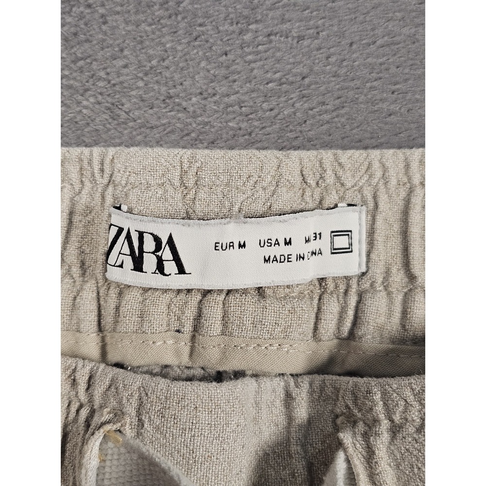 Zara Linen Blend Pull On Shorts Beige Elastic Waist Womens Medium Distressed - Picture 4 of 10